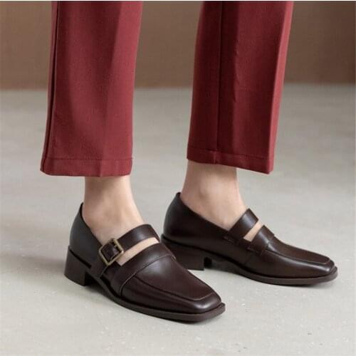 PXELENA Shoes Women Low Heels Real Genuine Leather Square Toe Buckle Strap Retro Daily Lady Pumps Comfort Black Brown 2021 NEW