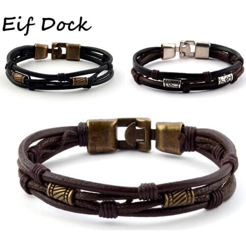 Unique Vintage Mens Black Multilayer Braided Leather Bracelet Stainless Steel Clasp Male Jewelry Dropshipping