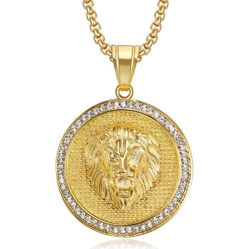 Hip Hop Iced Out Bling Lion Head Pendant & Chains Male Gold Color Stainless Steel Animal Necklaces For Men Jewelry Dropshipping