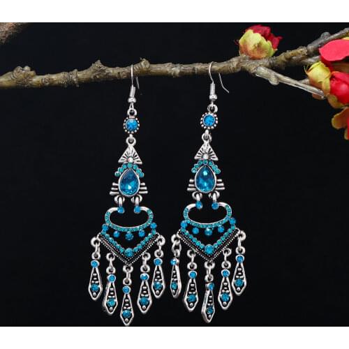 Bohemian Water Drop Tassel Earrings for Women Retro Ethnic Style Geometric Hollow Out Rhinestone Drop Earrings Female Jewelry
