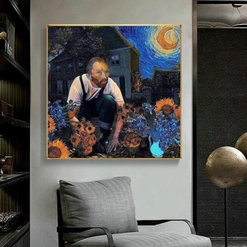 Funny Art Van Gogh Sunflowers Blue Starry Sky Canvas Painting Posters and Prints Wall Art Pictures for Living Room Decor Cuadros