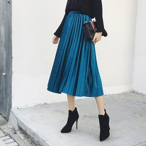 TingYiLi Blue Velvet Skirt Winter Maxi Skirt High Waist Pleated Women Skirt