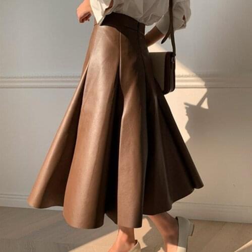 2021 Spring New Brown Black Solid PU Leather Elegant Midi Skirt Women High Waist Office Ladies A Line Flared Skirts Faux Leather
