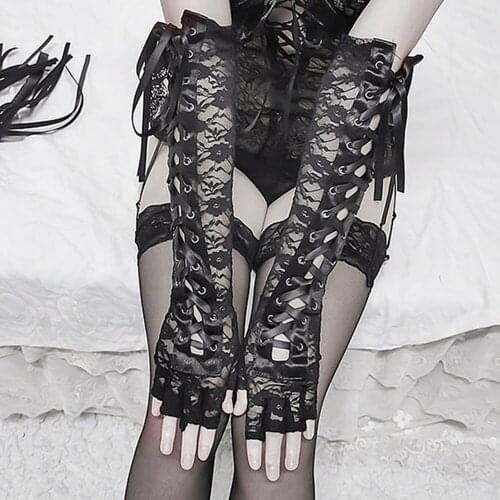 Women Sexy Lace Bandage Long Gloves Elbow Length Half-finger Fishnet Gloves Wedding Etiquette Party Fancy Dress Accessories