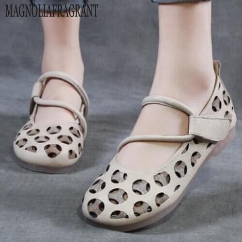 National style Hollow Woman Sandals Breathable Women Beach Shoes Genuine Leather Female Flats Cut-Outs Womens Loafers hy792