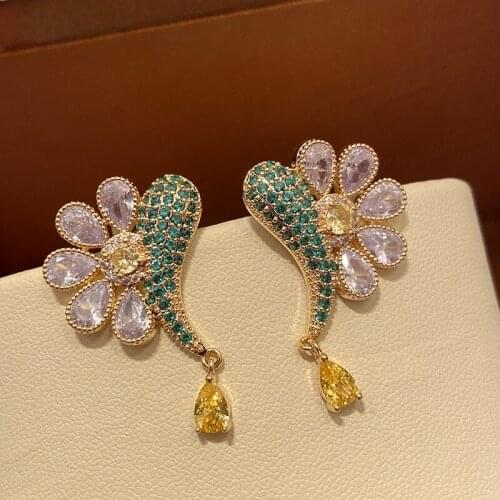 Gold Color Zircon Flower Fish Earrings Temperament For Women Crystal Jewelry Green Tassels Luxury fashion Birthday Gift Colorful