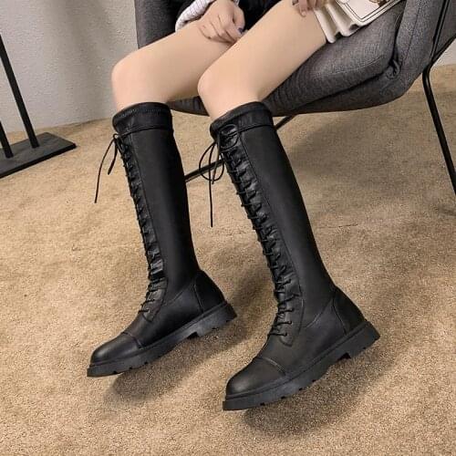 Women Comfort Knee High Long Boots Winter Shoes Ladies PU Leather Lace-Up Warm Plush Boots 2021 New Female Footwear Fashion