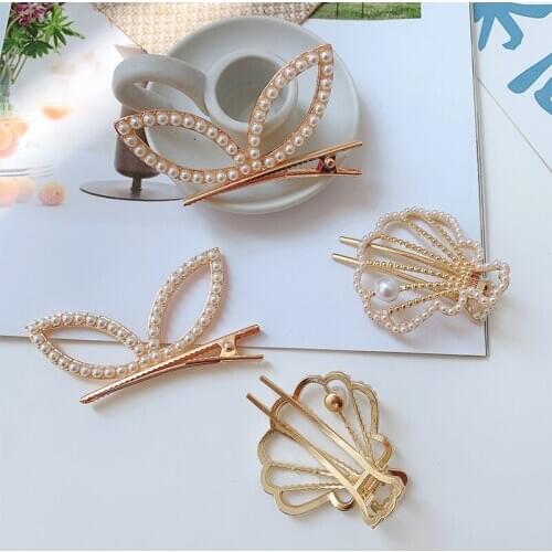 Hollow Shell Rabbit Ear White Simulated Pearl Golden Alloy Barrettes Hair Clips & Pins Headwear for Women