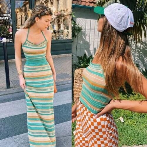 Summer Autumn Casual Striped Knit Crop Top and Skirt Two Piece Set Women Sleeveless Knitted Sweater Tank Tops Outfit Tracksuit