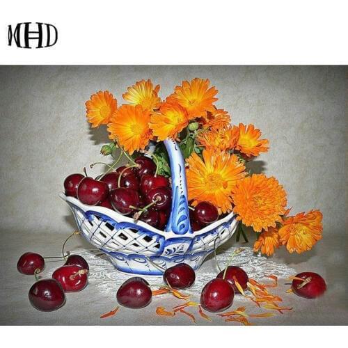 3D Diamond Embroidery, Cherry Chrysanthemum, Full Round, 5D Diamond Cross Stitch Fruit Mosaic Diamond Handmade Hobby