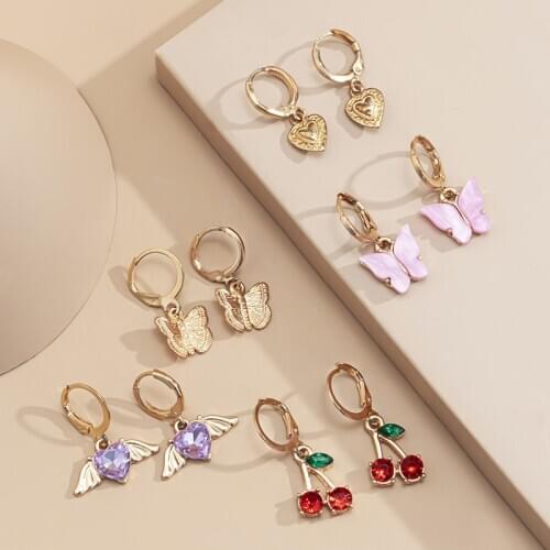 5 Pair/Set Fashion Gold Cherry Love Heart Butterfly Dangle Earrings for Women Sweet Earrings Party Jewelry Gifts