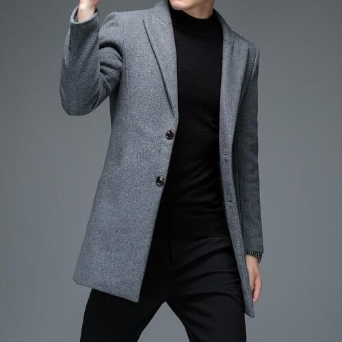 British Style Men Winter Sheep Wool Coat Male Elegant Single-Breasted Woolen Blend Overcoat Gray Claret-Red Black Outfit Clothes