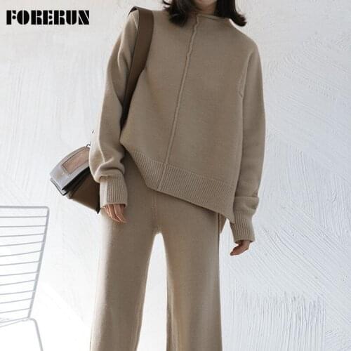 FORERUN Women Knitted Tracksuit Half High Collar Oversized Pullover Sweater Fashion Wide Leg Pants Two Piece Set Home Suits