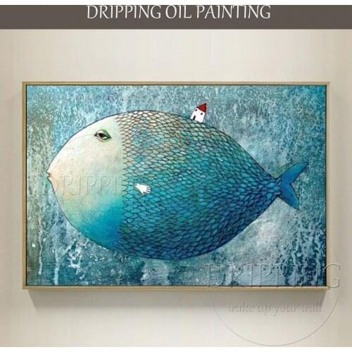 Skilled Artist Hand-painted High Quality Modern Abstract Fish Oil Painting on Canvas Funny Fat Fish with House Oil Painting