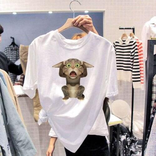 JIXISHENG Cartoon Cat Print Women T Shirt Summer Casual Short Sleeve Funny t-shirt Ladies White Tops Tee Shirt HH298