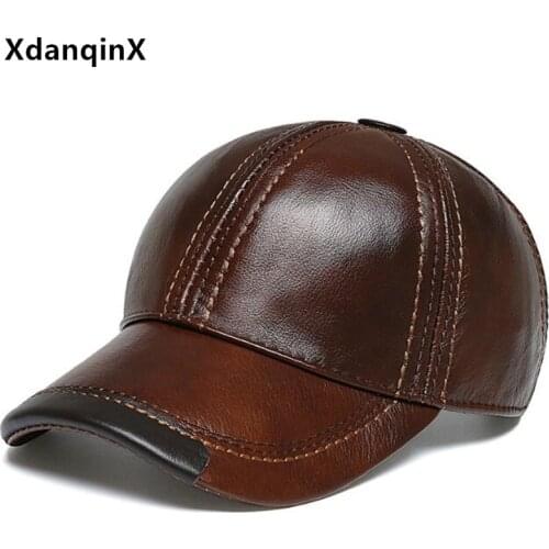 XdanqinX Cowhide Leather Cap Winter Mens Cold Proof Warm Baseball Caps Adjustable Size Natural Leather Brand Hat Snapback Cap