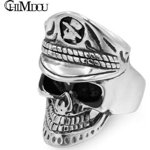 CHIMDOU 2018 Fashion Navy Cap Skull Ring Men Gift Biker Punk Stainless Steel Ring Jewelry,AR409