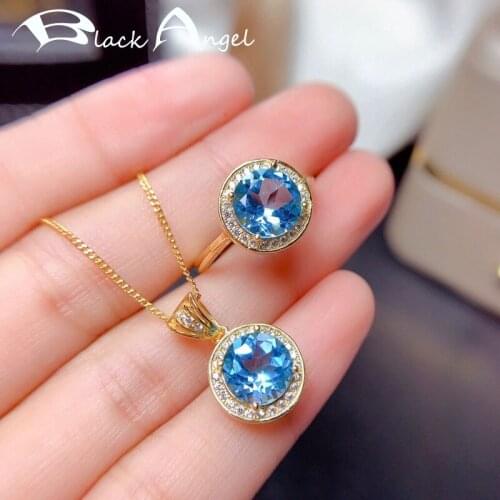 BLACK ANGEL New 18K Gold Luxury Lab Created Sea Blue Topaz Gemstone Resizable Rings Necklace For Women Wedding Jewelry Set Gift