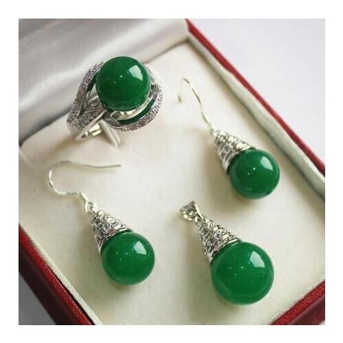 Silver plated 12mm green fine jade pendant, earring adn ring jewelry sets