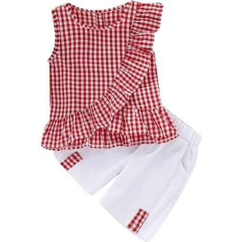 Girls suit 2020 summer new European and American girls sleeveless red plaid shirt + shorts two-piece suit