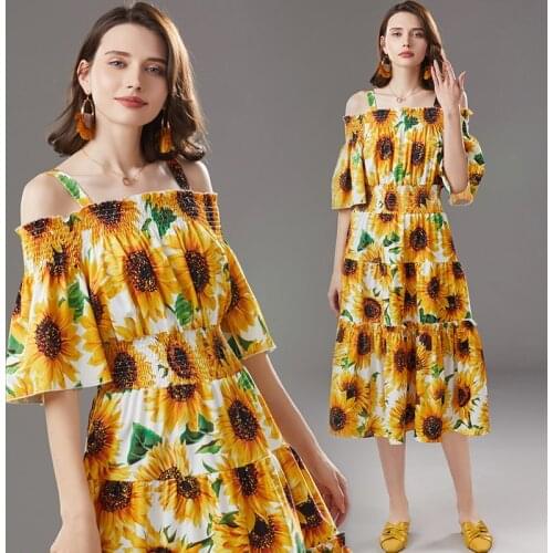 Slash Neck Bohemian Yellow Summer Dress Sunflower Print Strap Flare Sleeve Long Dress Vestidos Largos De Verano Para Mujer 2021