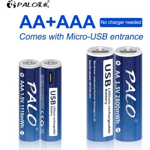 PALO AA 1.5V Li-ion Rechargeable Battery 2800mWh + 1.5v USB AAA Rechargeable Battery 1110mWh +USB Cable