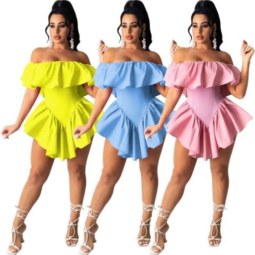 2021 new arrival women Solid color sexy Off-shoulder irregularity mini pleated dress Club &Party Dresses