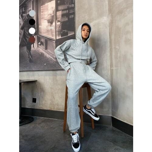 Autumn Winter Casual Women Pants Two Piece Set Solid Hooded Sweatshirt Tracksuit Fleece Joggers Sweatpants 2 Piece Sets Outfits