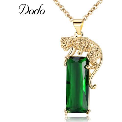 Trendy Green Geometric Stone Zircon Pendant Necklace Cool Animal Cheetah Gold Color Necklaces Woman Men Accessories Gifts N348