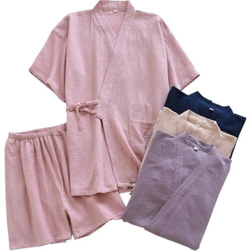 Spring Summer Couples Solid Color Japanese Style Loose Thin Gauze Cotton Pyjamas Set Men Women Household Lovers 2Pcs Sleepwear