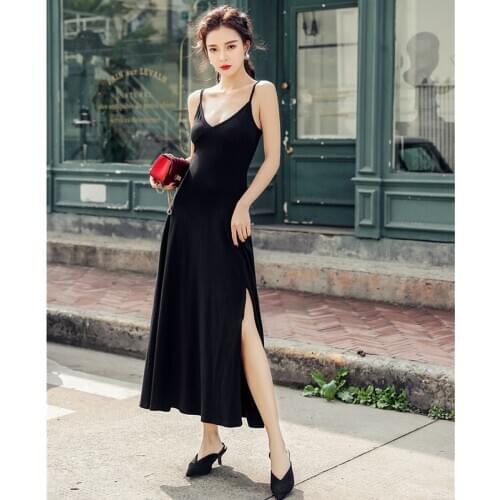 Retro Spaghetti Strap Split Sexy Long Dress Women Backless Sleeveless Summer Loose Maxi Dress Beach Summer Dresses Casual V-Neck