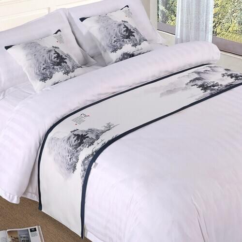 Ink Painting Pattern Bed Runner Bamboo Chinese Style Bed Spread Mountain Lotus Leaves Bed Flag Classical Home Hotel Decoration