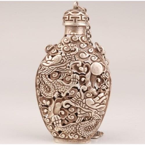Chna Tibet-silver Copper HAND-CARVED HOLLOW DRAGON STATUE ROYAL OLD SNUFF BOTTLE