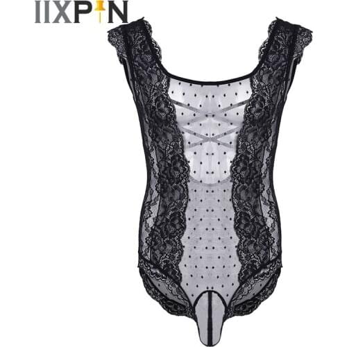 Sexy Mens One-piece Crossdress Bodysuit Lingerie Floral Lace Polka Dots See Through Mesh Sissy Sexy Bodysuit Nightwear Sleepwear