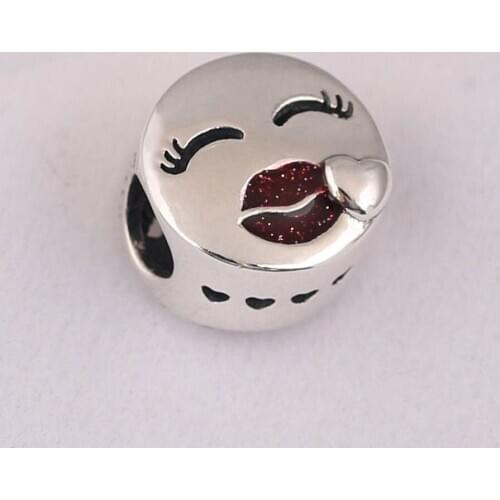 S925 Silver Charms Bead fit Lady Bracelets & Bangles Kiss Charm Cerise Glitter Enamel DIY Jewelry