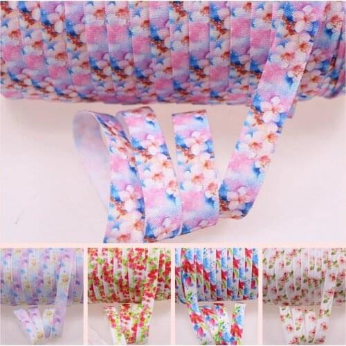 23 designs heat transfer floral FOE fold over elastic for Ponytail tie accessaries 100yards/lot