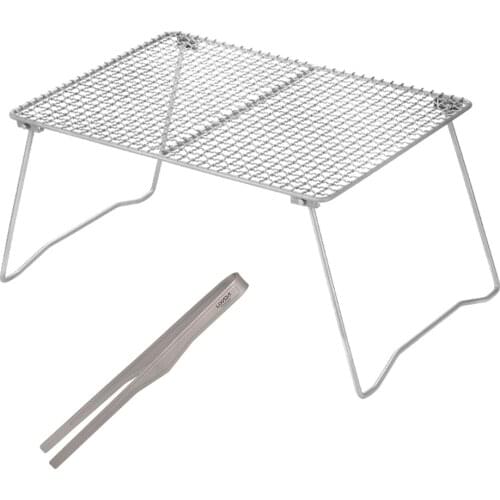 Outdoor Foldable Titanium Grill Net with Tongs Clip BBQ Mesh Grilling Grate Cooking Pot Stand Rack Table for Camping