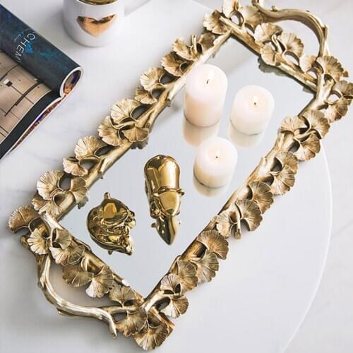 Mirror Resin Tray Gold Ginkgo Leaf Storage Tray European Retro Rectangular Jewelry Display Plate Dessert Snack Tray Home Decor