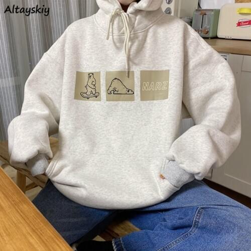 With Hat Hoodies Women Print Harajuku Autumn Basic Preppy Teens Korean Hoodie All-match Stylish Soft Femme Pullover Sweatshirt