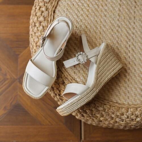 Osunlina Woman Sandals New Handmade Crystal Decoration Square Toe 8.5cm High Wedges Buckle Strap Comfortable Cow Leather Shoes L