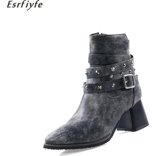 ESRFIYFE 2020 New Autumn Winter Women Boots Zipper Rivet Boots Women Ankle Boots Thick Heels Round Toe Shoes Woman Large Size