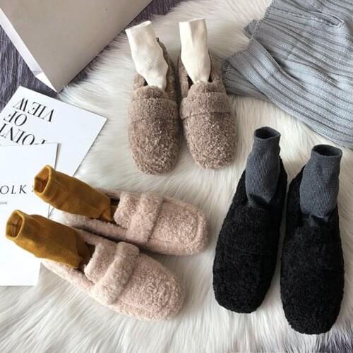 Lambs fur loafers women shallow slip on moccasins solid color flats winter warm round toe curly wool fur cotton women shoes 2020