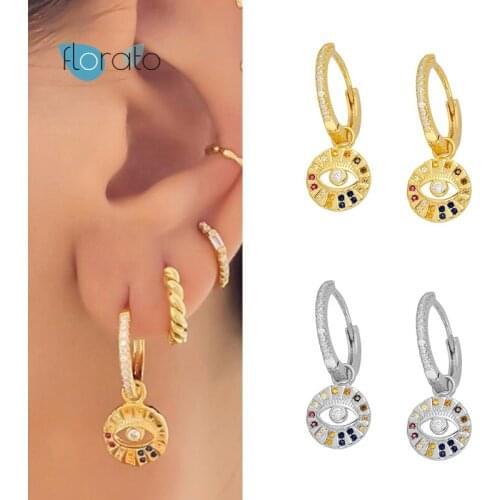 925 Silver Ear Buckle Evil Eye Earrings Colorful Crystal Dangle Earring Hollow Hoop Earrings for Women Jewelry Gift Accessories