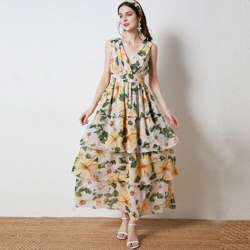 Summer Fashion Runway V-Neck Long Dress Womens Sleeveless Yellow Camellia Print Cascading Ruffle Bohe Holiday Dresses k365