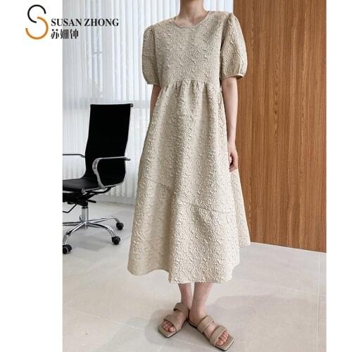 Women Summer Dress Short Sleeve Lantern Female One-Piece X Line V Neck Calf Length Unique Fabric Texture Romantic Vintage Pleats