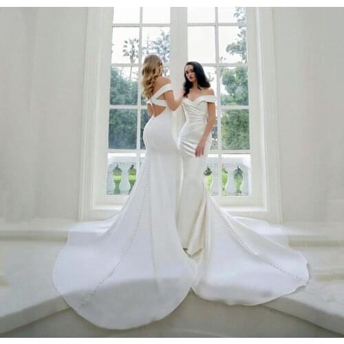 2021 Simple Satin Mermaid Wedding Gowns White Ivory Off The Shoulder Cross Back Long Bridal Dresses Vestido de Novia