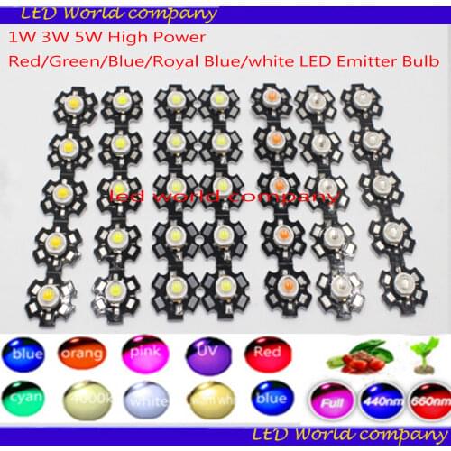 Freeshipping!1W 3W 5W High Power Red/Green/Blue/Royal Blue/white/ cold white /uv / full spectru LED Emitter Bulb + 20mm Star PCB
