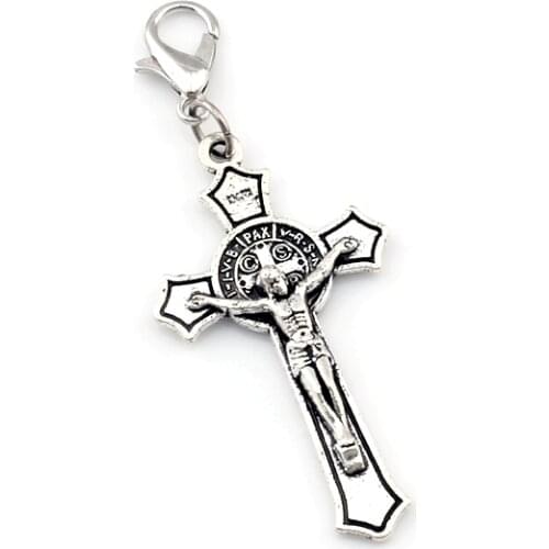 100pc Saint Benedict Medal Jesus Christ Cross Floating Lobster Clasps Zinc Alloy Metal Charm Beads DIY Jewelry 20.2x51.8mm A-581