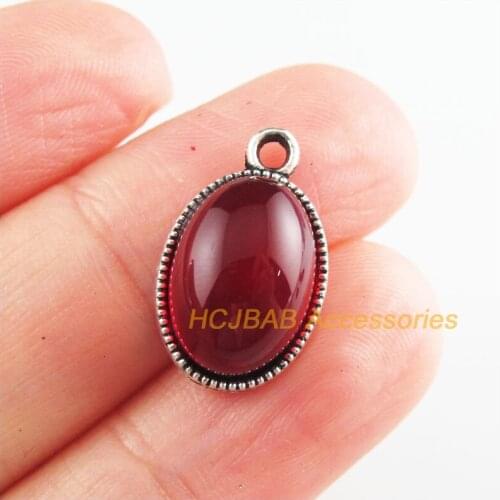 15Pcs Tibetan Silver Tone Oval Red Glaze Charms Flower Pendants 11.5x19mm