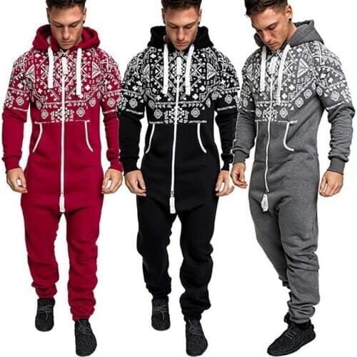 2021 Mens long sleeve Casual Pajamas Jumpsuit Homewear Hooded Zipper Printed Jumpsuit Pajamas Men Sleepwear Size M-3XL